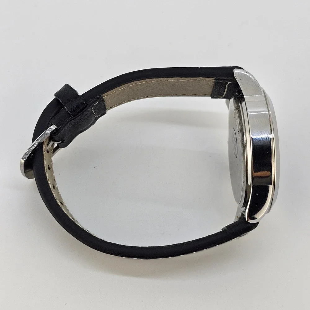 44MM Men's Minimalist Watch Black Dial Black Faux Leather Bands New Battery‎